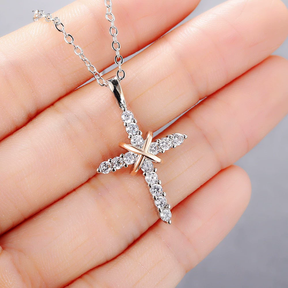 CZ Crossed Crosses Pendant Necklace - Image 2